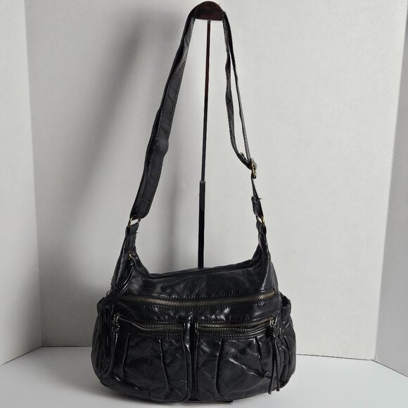 Black Faux Leather Slouchy Shoulder Bag with Multiple Zipper Pockets – Boho Y2K - Picture 1 of 15